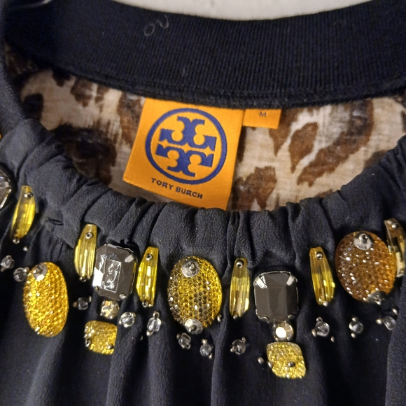 Tory Burch Black Blouse with Leopard Print‎ Sleeves - Picture 2 of 6